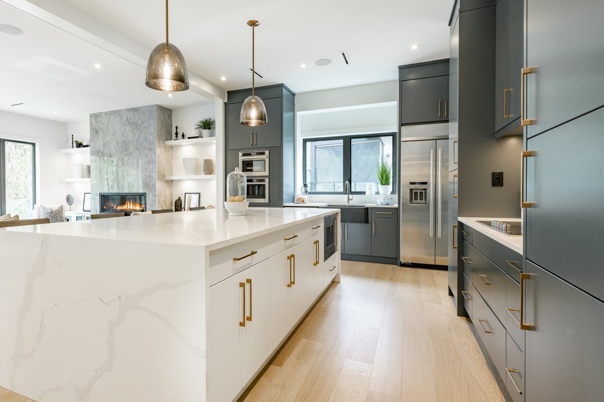 Luxury Long Island kitchen with marble island and elegant modern interior restored by Refresh Countertops