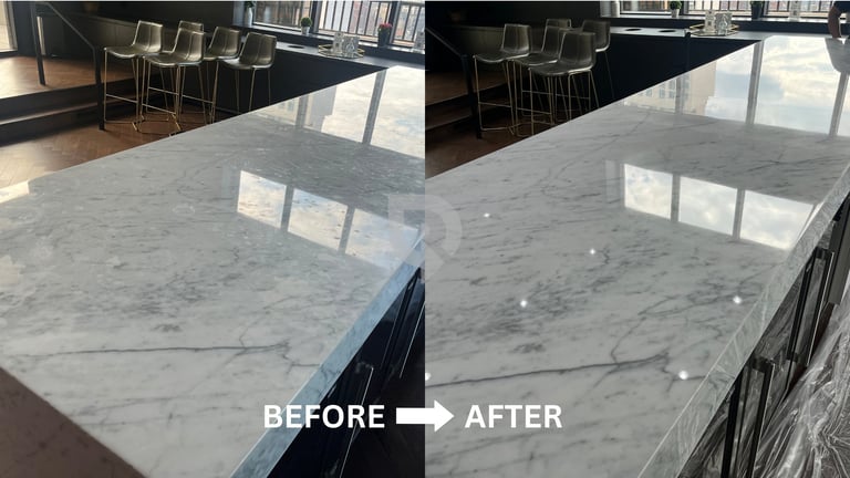 Before and after comparison of marble countertop cleaning and restoration on a kitchen island