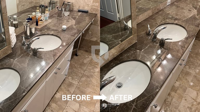Before and after bathroom vanity cleaning comparison showing cluttered sink area transformed to organized and clean countertop